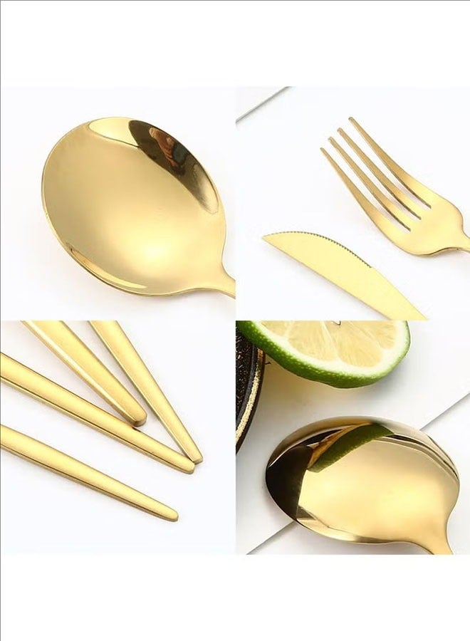 بلومنغ تايم النمط الغربي أدوات المائدة مجموعة ذهبية ، الفولاذ المقاوم للصدأ عشاء مجموعة مع قوس ، 24 قطعة من أدوات المائدة / 6 قطع من أدوات المائدة ، بما في ذلك سكين / شوكة / ملعقة / ملعقة صغيرة ، مرآة مصقول ، يمكن وضعها في غسالة الصحون - Image 4