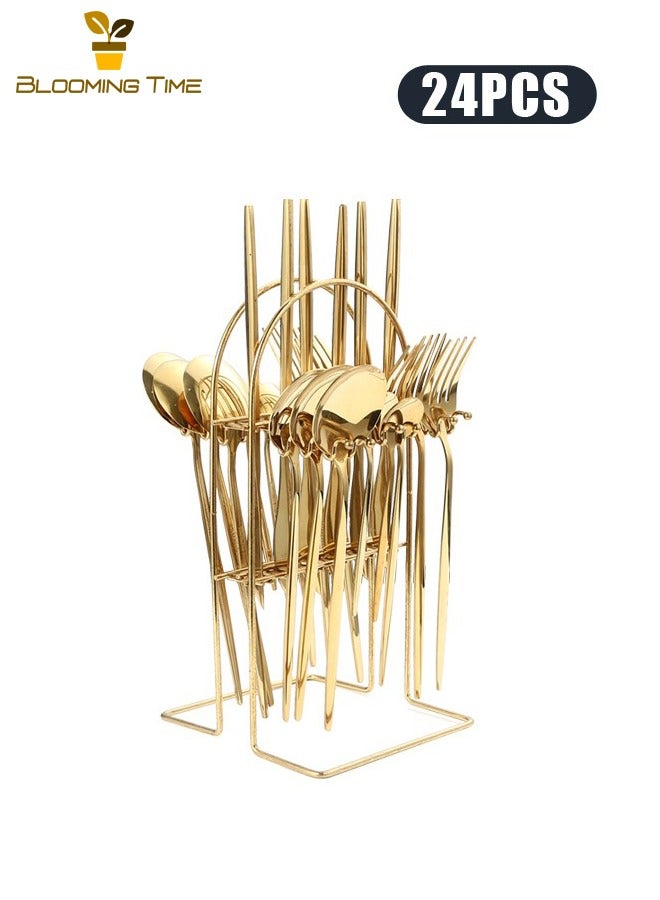 بلومنغ تايم النمط الغربي أدوات المائدة مجموعة ذهبية ، الفولاذ المقاوم للصدأ عشاء مجموعة مع قوس ، 24 قطعة من أدوات المائدة / 6 قطع من أدوات المائدة ، بما في ذلك سكين / شوكة / ملعقة / ملعقة صغيرة ، مرآة مصقول ، يمكن وضعها في غسالة الصحون - Image 1