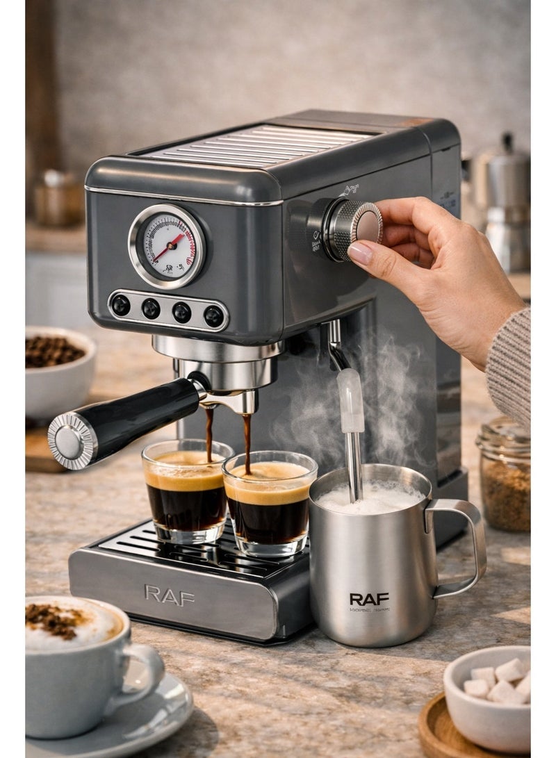 آر إيه أف ماكينة قهوة إسبريسو نصف أوتوماتيكية من RAF بقوة 1300 واط | ماكينة قهوة بضغط عالٍ 20 بار مع غلاية مزدوجة | خزان مياه سعة 1.2 لتر، عصا بخار، خفاقة حليب، ومقياس ضغط - Image 4