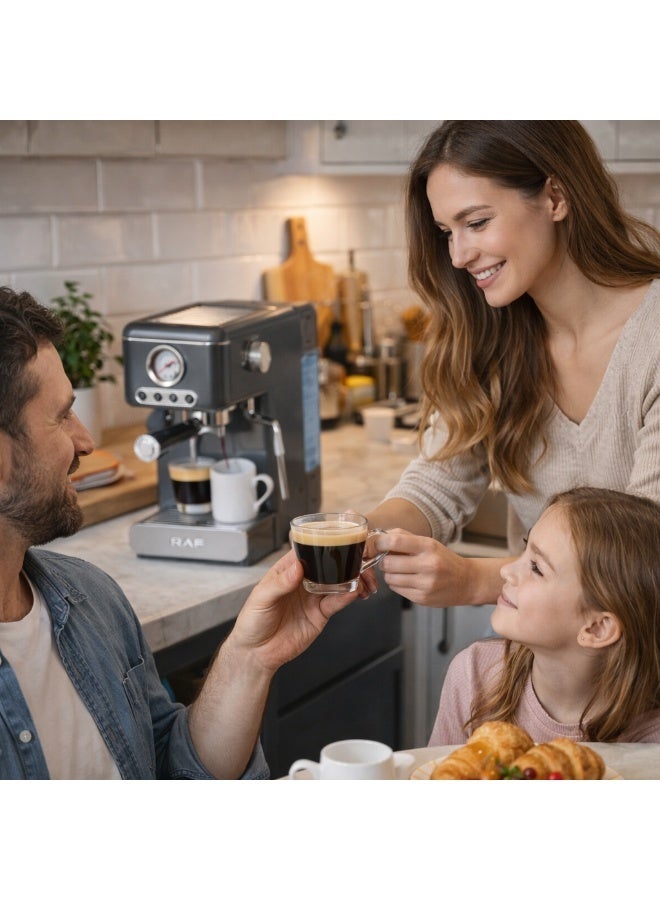 آر إيه أف ماكينة قهوة إسبريسو نصف أوتوماتيكية من RAF بقوة 1300 واط | ماكينة قهوة بضغط عالٍ 20 بار مع غلاية مزدوجة | خزان مياه سعة 1.2 لتر، عصا بخار، خفاقة حليب، ومقياس ضغط - Image 5