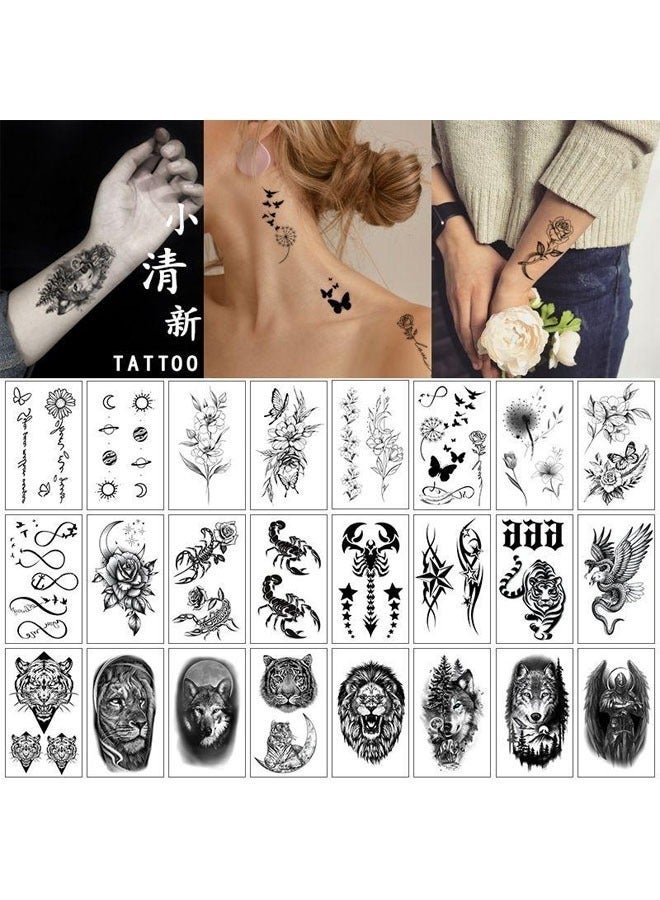 جلامكيت 24 وشم مؤقت مقاوم للماء بتصاميم هندسية، فراشة، حب، نبض القلب، مرساة، نصوص، خطوط، أزهار، حيوانات، مناسب للأطفال والبالغين والرجال والنساء - أسود - Image 1