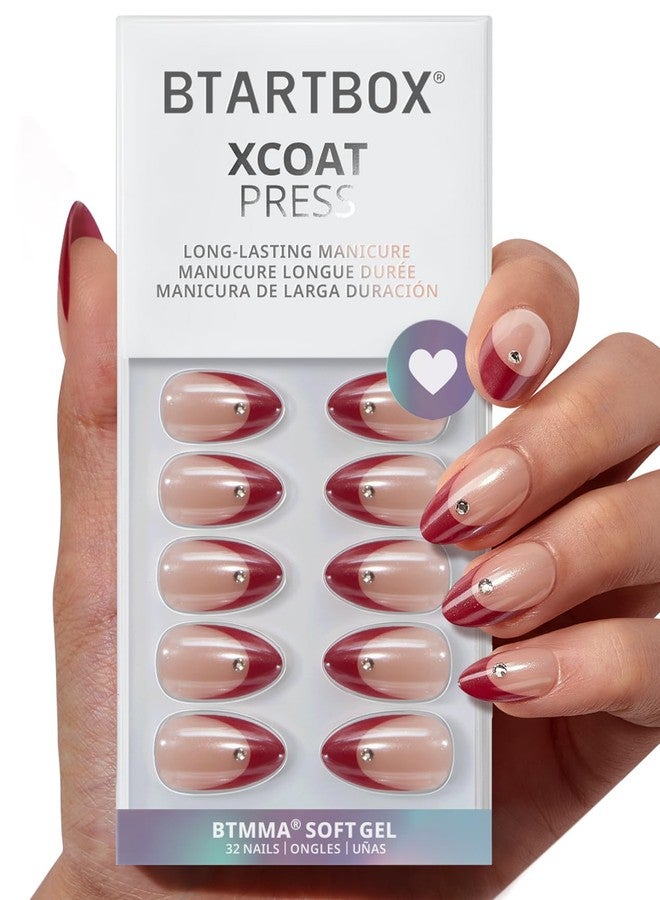 BTArtbox Press On Nails Short - Audrey's Ruby, Red Chrome Almond Light Red French Tip Press On Nails with Glue and Adhesive Tabs for Women, Soft Gel Glue On Nails in 16 Sizes - 32 Stick On Nails Kit - Image 1