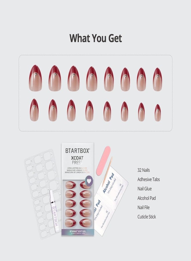 BTArtbox Press On Nails Short - Audrey's Ruby, Red Chrome Almond Light Red French Tip Press On Nails with Glue and Adhesive Tabs for Women, Soft Gel Glue On Nails in 16 Sizes - 32 Stick On Nails Kit - Image 4