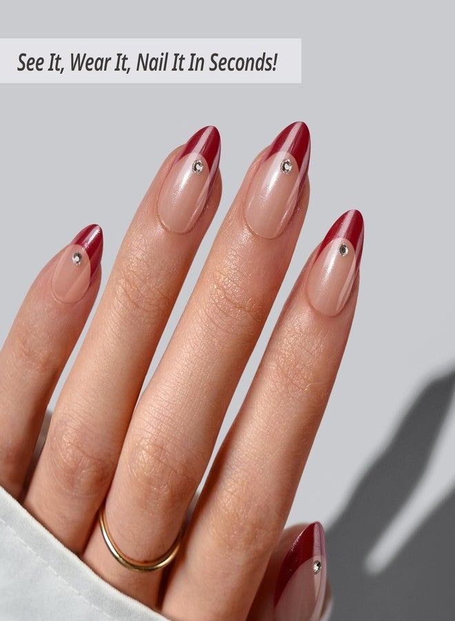 BTArtbox Press On Nails Short - Audrey's Ruby, Red Chrome Almond Light Red French Tip Press On Nails with Glue and Adhesive Tabs for Women, Soft Gel Glue On Nails in 16 Sizes - 32 Stick On Nails Kit - Image 2