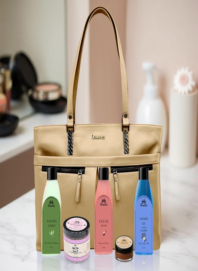 روزيتا مجموعة هدايا روزيتا للعناية بالبشرة الفاخرة مع حقيبة حمل - جل استحمام، لوشن الصبار، جل الوجه بخلاصة النبيذ الأحمر، ملح استحمام بخلاصة الورد، مرطب شفاه بخلاصة الكاكاو - مجموعة تدليل 5 في 1 للنساء - بيج نيود - Image 1