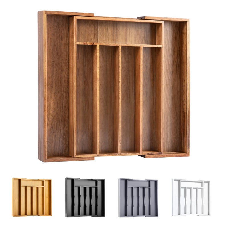 Bellsal Acacia Silverware Organizer Kitchen Drawer Organizer Expandable Bamboo Utensil Holder Cutlery Tray for Kitchen Utensil and Flatware Bedroom Office - Image 1