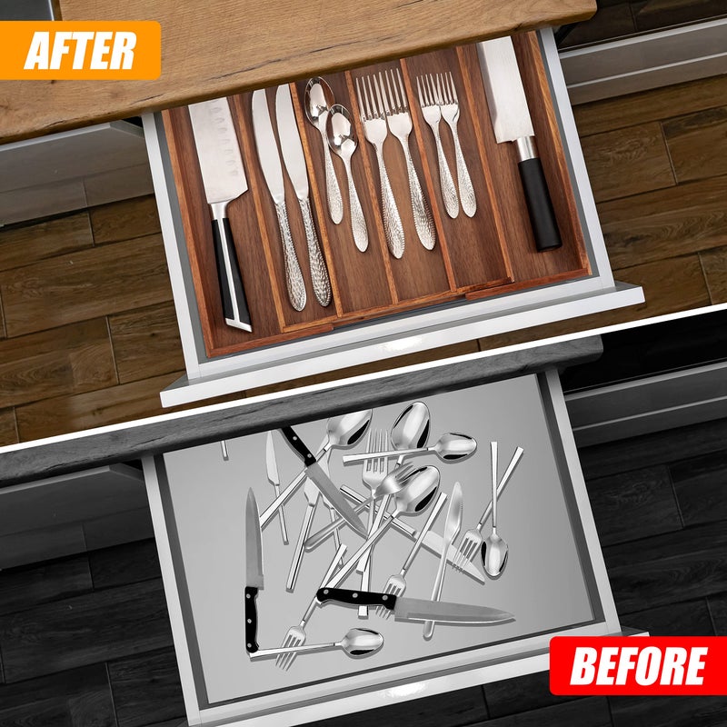 Bellsal Acacia Silverware Organizer Kitchen Drawer Organizer Expandable Bamboo Utensil Holder Cutlery Tray for Kitchen Utensil and Flatware Bedroom Office - Image 2