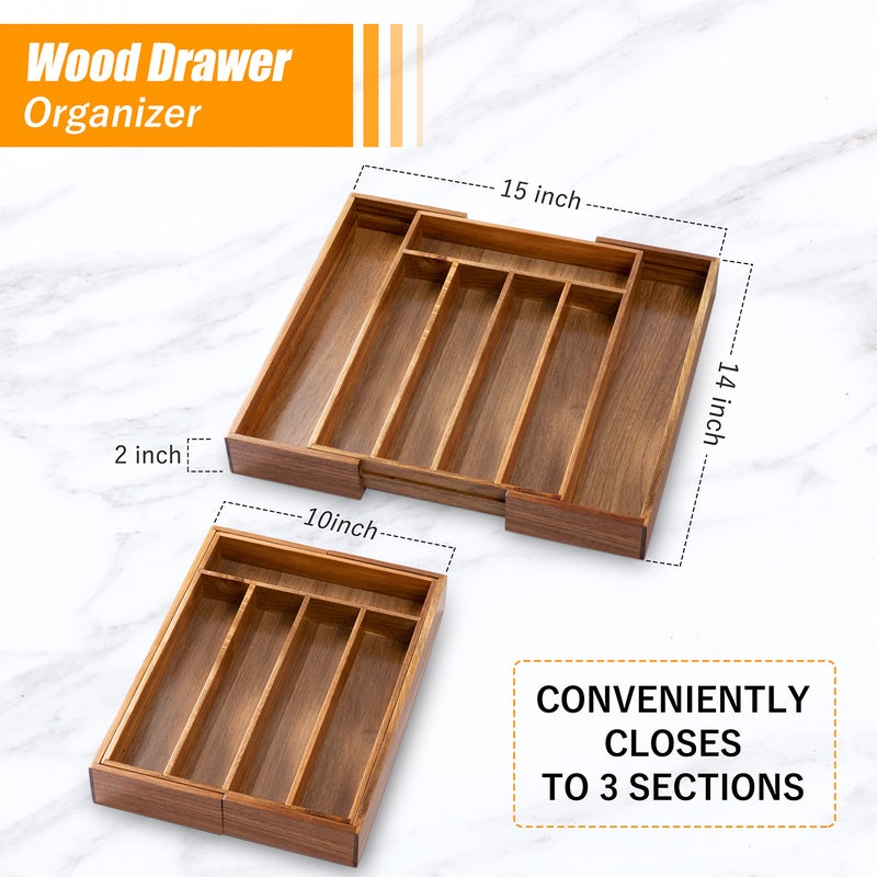 Bellsal Acacia Silverware Organizer Kitchen Drawer Organizer Expandable Bamboo Utensil Holder Cutlery Tray for Kitchen Utensil and Flatware Bedroom Office - Image 3