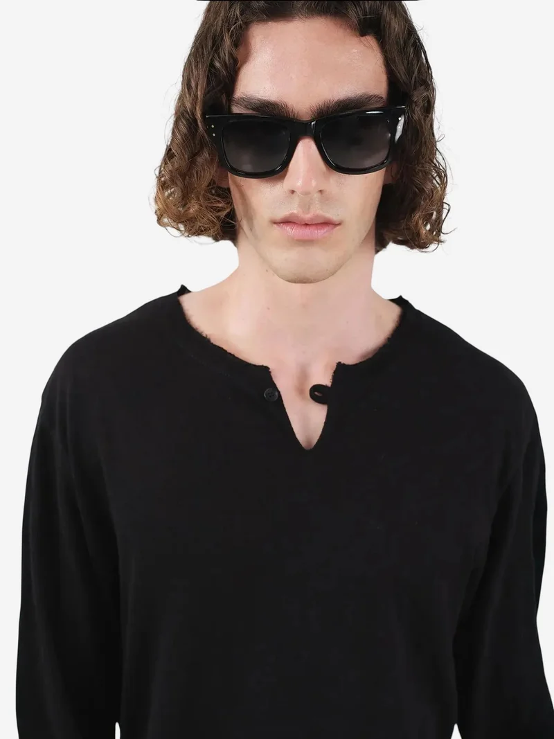 Giesto Black GIESTO Solid Crew Neck Long Sleeve Buttoned T-Shirt for Men | Best Price UAE