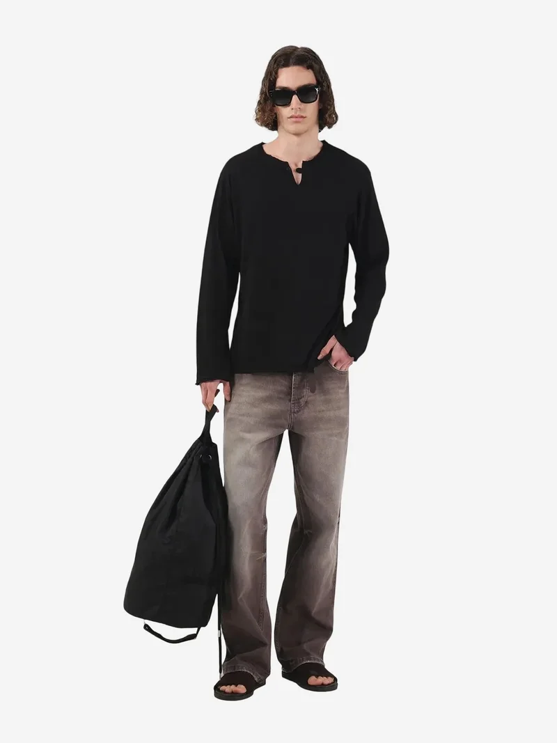 Giesto GIESTO Solid Crew Neck Long Sleeve Buttoned T-Shirt