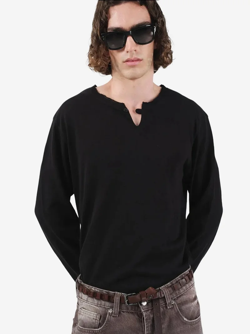 Giesto GIESTO Solid Crew Neck Long Sleeve Buttoned T-Shirt