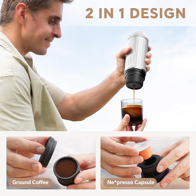 i cafilas Portable Espresso Machine Self-Heating | Battery Powered Coffee Maker for Camping without Electricity| 2-in-1 Ground Coffee&NS Capsule|19 Bar| USB-C Fast Charge| White Coffee Maker for Car - Image 3