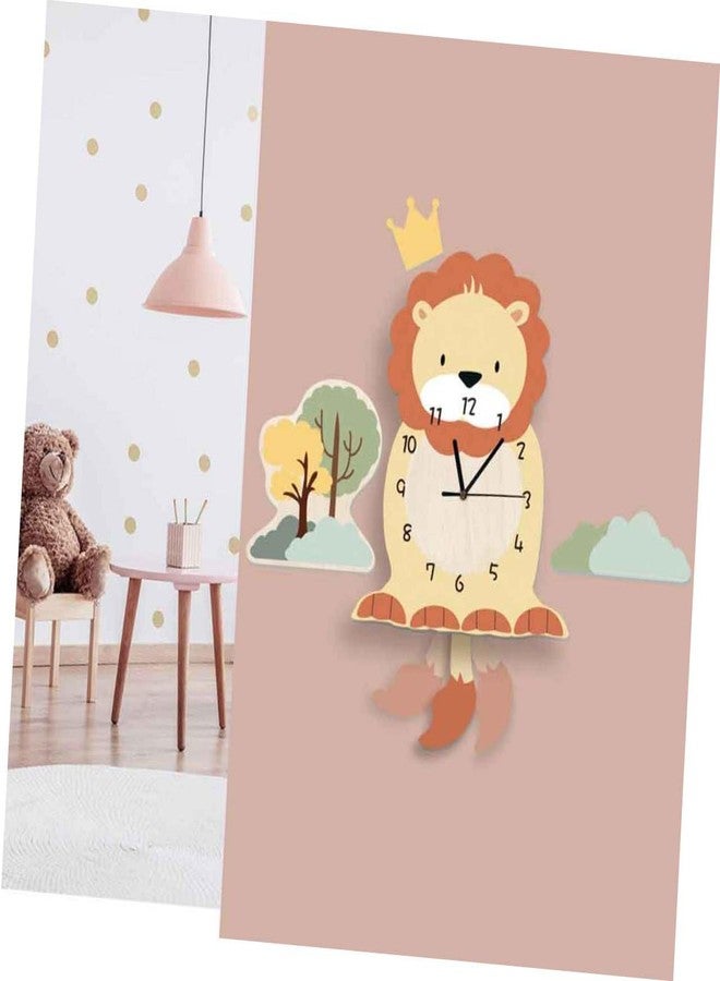 أموسفون ساعة حائط أسد كرتونية من آموسفن، ديكور غرفة أطفال، ساعة خشبية لغرفة الأطفال الصغار ورياض الأطفال، مقاس 10.6 بوصة - Image 4