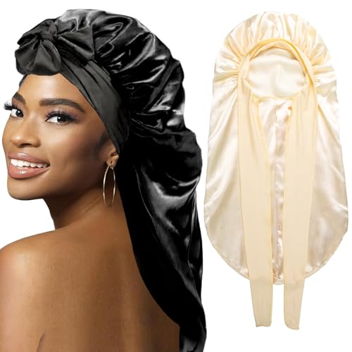 2Pcs Bonnets for Black Women Braid Bonnet Large Long Satin Bonnet for Braids Silk Bonnet with Stretchy Tie Band Sleep Cap Hair 2PcsBlackGold
