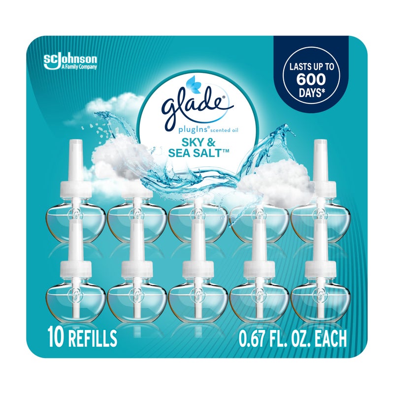 Glade PlugIns Refills Air Freshener, Sky & Sea Salt, Scented and Essential Oils for Home and Bathroom, 0.67 Fl Oz, 10 Count - Image 1