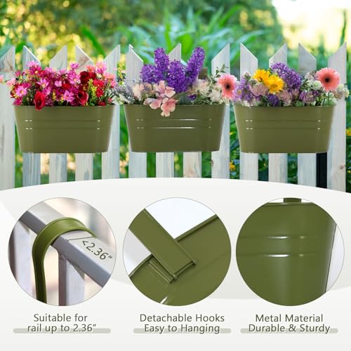 Meltset M 3 Pack Metal Railing Planters, 10.5" Oval Hanging Flower Pots with Detachable Hooks & Drainage Holes, Fits Rails up to 2.36", Galvanized Iron Fence Bucket for Balcony Garden Patio - Green - Image 4