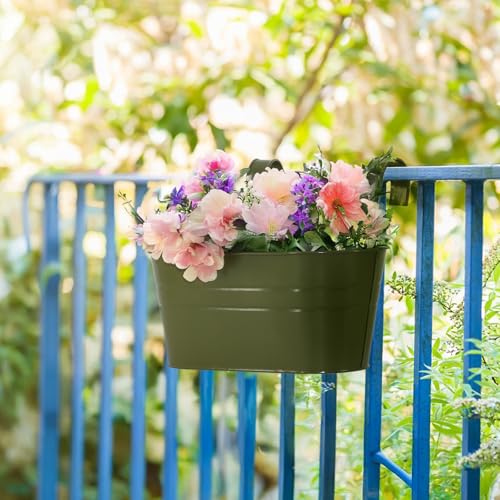 Meltset M 3 Pack Metal Railing Planters, 10.5" Oval Hanging Flower Pots with Detachable Hooks & Drainage Holes, Fits Rails up to 2.36", Galvanized Iron Fence Bucket for Balcony Garden Patio - Green - Image 3
