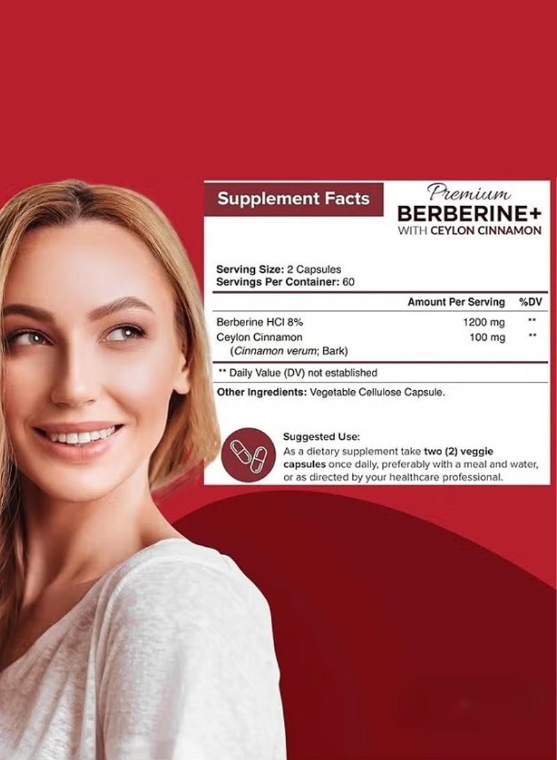 بريميم كبسولات بربرين هيدروكلوريد ممتازة بتركيز 1200 ملغ، 120 كبسولة، بالإضافة إلى مستخلص جذور بربرين هيدروكلوريد نقي من قرفة سيلان الأصلية، مكملات غذائية تدعم جهاز المناعة بنسبة 8% من حمض الهيدروكلوريك. - Image 2