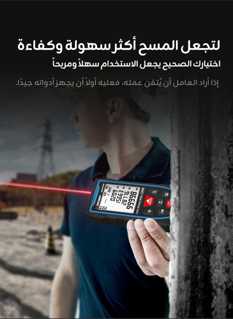 SNDWAY 120m Laser Distance Meter with 2m Tape Measure, USB Rechargeable Laser Measuring Tool with Voice Broadcast, Backlit LCD, ±2mm Accuracy, m/in/ft Unit Switch, Pythagorean Mode for Distance, Area & Volume Measurement - Image 5