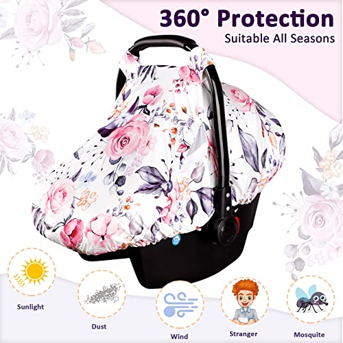 Pea Pod Floral Infant Car Seat Canopy with Peep Windows and Breathable Mesh, Kick-Proof, Soft Stretchy Baby Car Seat Cover for Newborns, Pink - Image 4