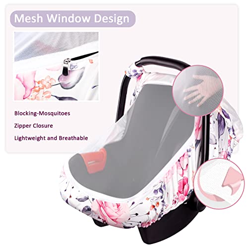 Pea Pod Floral Infant Car Seat Canopy with Peep Windows and Breathable Mesh, Kick-Proof, Soft Stretchy Baby Car Seat Cover for Newborns, Pink - Image 2