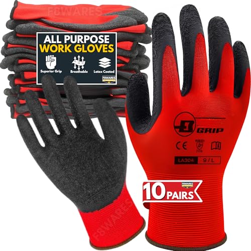 F8WARES 10 Pairs Latex Coated Safety Gloves for Men Rubber Grip Protective Working Hand Gloves - General Purpose,Industrial,Garden,Mechanical,Workshop,Construction & Machine Tool Handling - Image 1