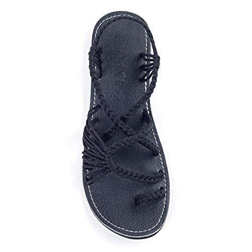 Plaka Palm Leaf Flat Summer Sandals for Women | Perfect for The Beach Walking & Dressy Occasions | Black | Size 11 - Image 1