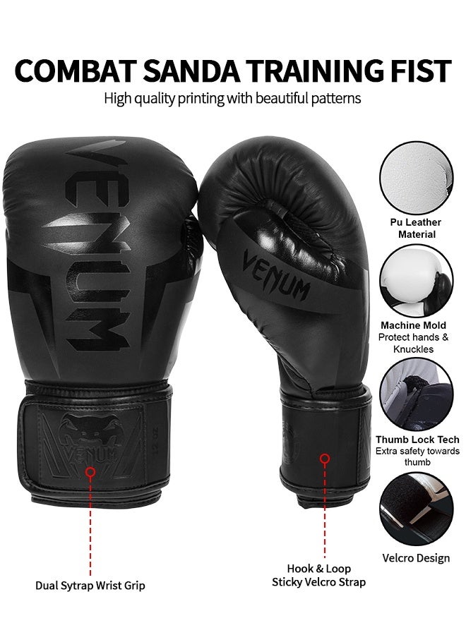 VENUM قفازات ملاكمة 12 أونصة من جلد PU، موي تاي، كيك بوكسينغ، MMA، تدريب سباق، إغلاق TAKKA المتقدم، حشوة، أكياس اللكم، كرة السرعة، وسادات التركيز، تمرين (أسود) - Image 2