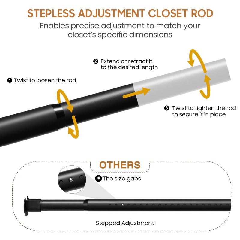 BUHAROY Closet Rods for Hanging Clothes, 16 to 88 Inch Stepless Adjustable Closet Rod, Heavy Duty 1.3 Inch Closet Hanging Rod for Closet Wardrobes Laundry, 1 Pack - Image 3
