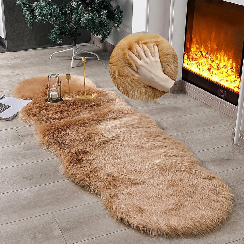 linmopm Faux Fur Rug Sheepskin Shag Fluffy Fuzzy Beige 2x6 ft Runner Rugs for Bedroom Bedside Bed Floor Living Room Plush High-Density Cushion Carpet Super Sofa Cover - Image 4