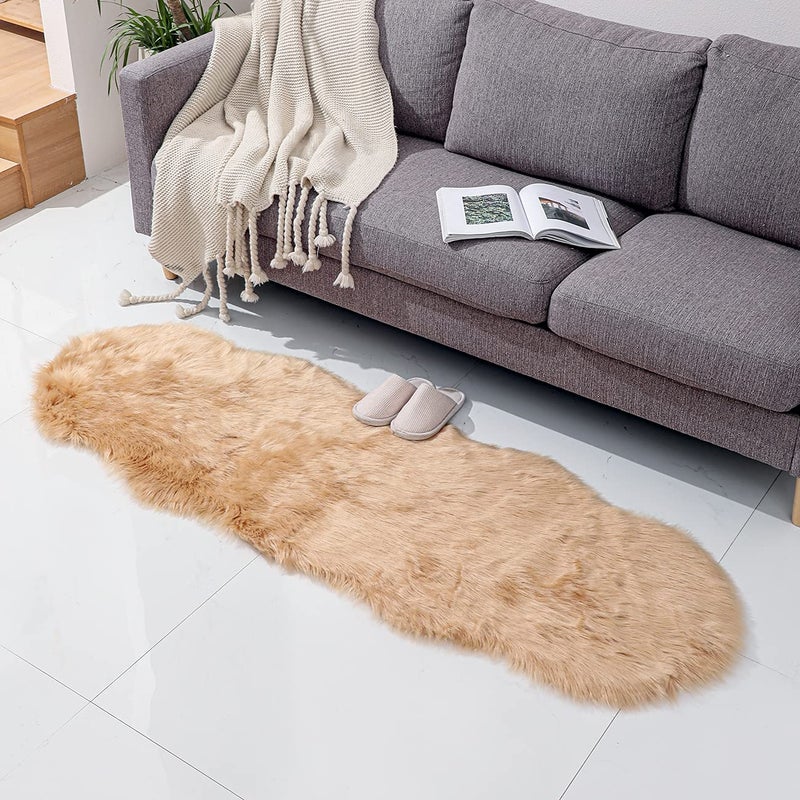 linmopm Faux Fur Rug Sheepskin Shag Fluffy Fuzzy Beige 2x6 ft Runner Rugs for Bedroom Bedside Bed Floor Living Room Plush High-Density Cushion Carpet Super Sofa Cover - Image 1
