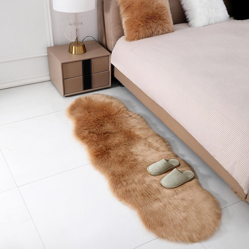 linmopm Faux Fur Rug Sheepskin Shag Fluffy Fuzzy Beige 2x6 ft Runner Rugs for Bedroom Bedside Bed Floor Living Room Plush High-Density Cushion Carpet Super Sofa Cover - Image 3