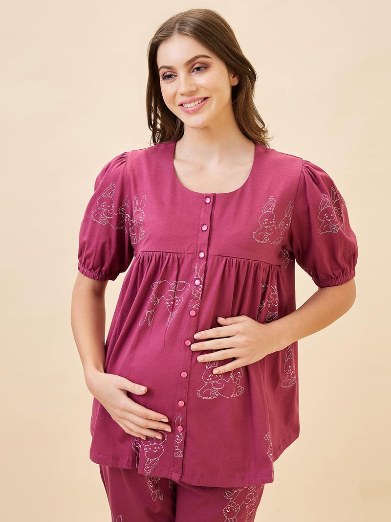 AV2 Store AV2 Women's Cotton Printed Maternity & Feeding Night Suit Set of Top & Relaxed Capri Nursing Night Dress -2123 - Image 5