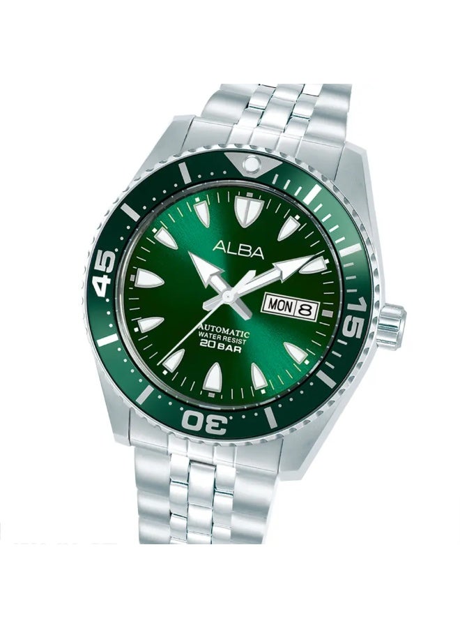 Alba AL4767X1 Automatic Men's Watch | Green Sunburst Dial | Stainless Steel Bracelet | Day-Date | Rotating Bezel | 200M Water Resistant | 43mm - Image 2