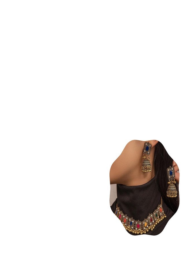 Chargances Indian Jhumka Jhumki Necklace Bollywood Wedding Traditional Bell Beaded Choker Necklace for Women Bridal Halloween (Colorful) - Image 1