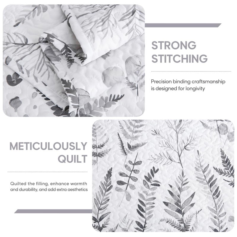 JSD Grey White Floral Quilt Set Full Queen, 3 Piece Printed Bedspreads Coverlet with Pillow Sham, Soft Microfiber Quilted Blanket - Image 3