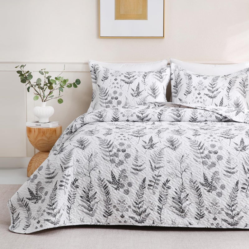 JSD Grey White Floral Quilt Set Full Queen, 3 Piece Printed Bedspreads Coverlet with Pillow Sham, Soft Microfiber Quilted Blanket - Image 1