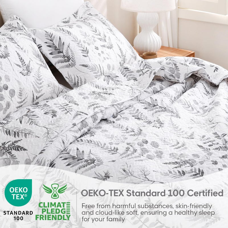 JSD Grey White Floral Quilt Set Full Queen, 3 Piece Printed Bedspreads Coverlet with Pillow Sham, Soft Microfiber Quilted Blanket - Image 5