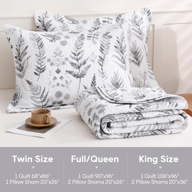 JSD Grey White Floral Quilt Set Full Queen, 3 Piece Printed Bedspreads Coverlet with Pillow Sham, Soft Microfiber Quilted Blanket - Image 2