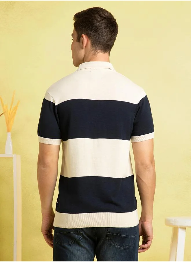 Dennis Lingo Stylish Beige Striped Polo T-Shirt for Men with a 6" stripe height, crafted from 100% cotton for ultimate comfort and a modern regular fit. Perfect for casual and smart-casual styling.