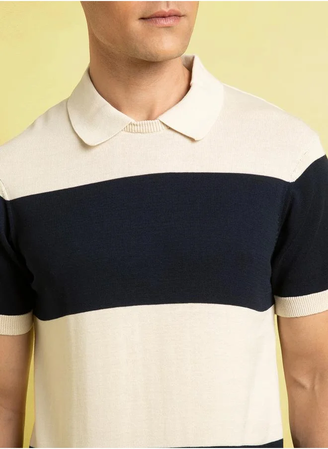 Dennis Lingo Stylish Beige Striped Polo T-Shirt for Men with a 6" stripe height, crafted from 100% cotton for ultimate comfort and a modern regular fit. Perfect for casual and smart-casual styling.