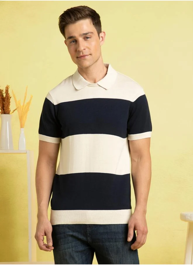 Dennis Lingo Stylish Beige Striped Polo T-Shirt for Men with a 6" stripe height, crafted from 100% cotton for ultimate comfort and a modern regular fit. Perfect for casual and smart-casual styling.