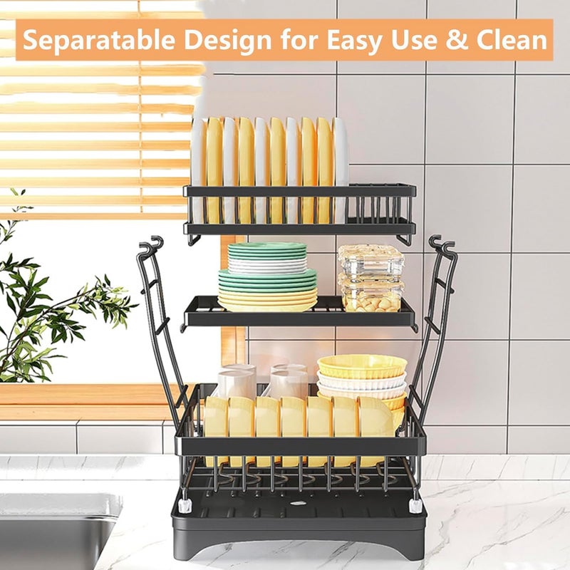 Glaceon Dish Drying Rack Large Detachable Dish Rack with 360 Rotating Drain 3 Tier Sink Dish Drainer Rack for Kitchen Counter with Cutting Board Holder Cup Holders Utensil Holder 358 Rack - Image 4