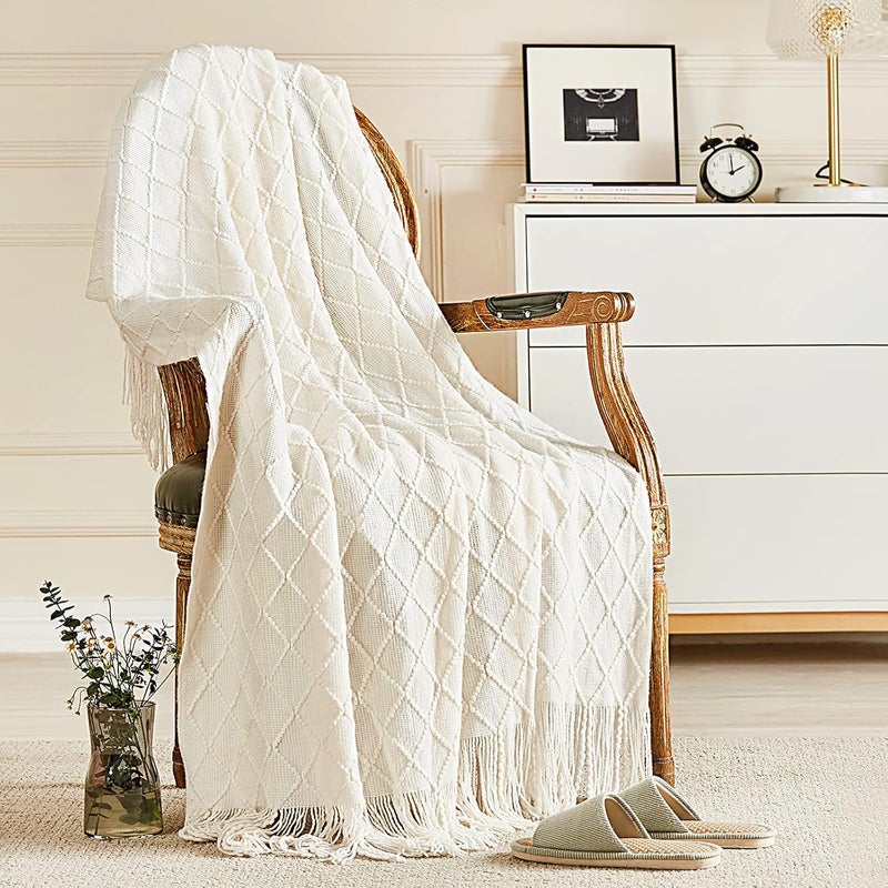 inhand Knitted Throw Blankets for Couch and Bed, Soft Cozy Knit Blanket with Tassel, Off White Lightweight Decorative Blankets and Throws, Farmhouse Warm Woven Blanket for Men and Women, 60"x80" - Image 1