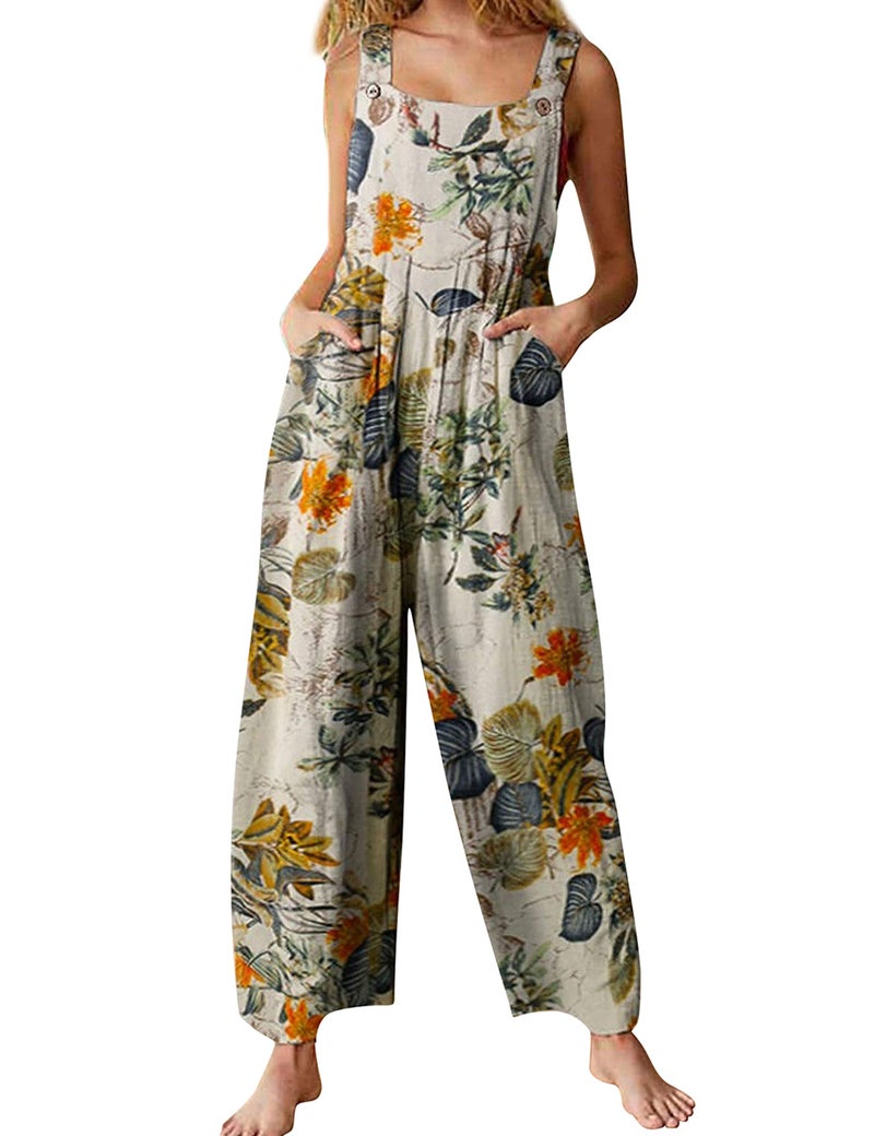 Himosyber Women's Patchwork Dual Pocket Jumpsuit Loose Floral Print Bohemian Wide Leg Bib Overall (#1Yellow, S) - Image 1