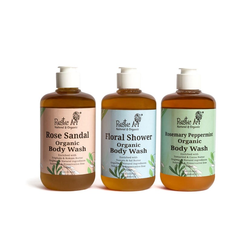 Rustic Art Luxury Body Wash Combo Rose Sandal Floral Shower Rosemary Peppermint Sulphate Paraben Free Castile Soap Moisturizing Exfoliating Nourishing For Women Men 3 x 300ml - Image 1