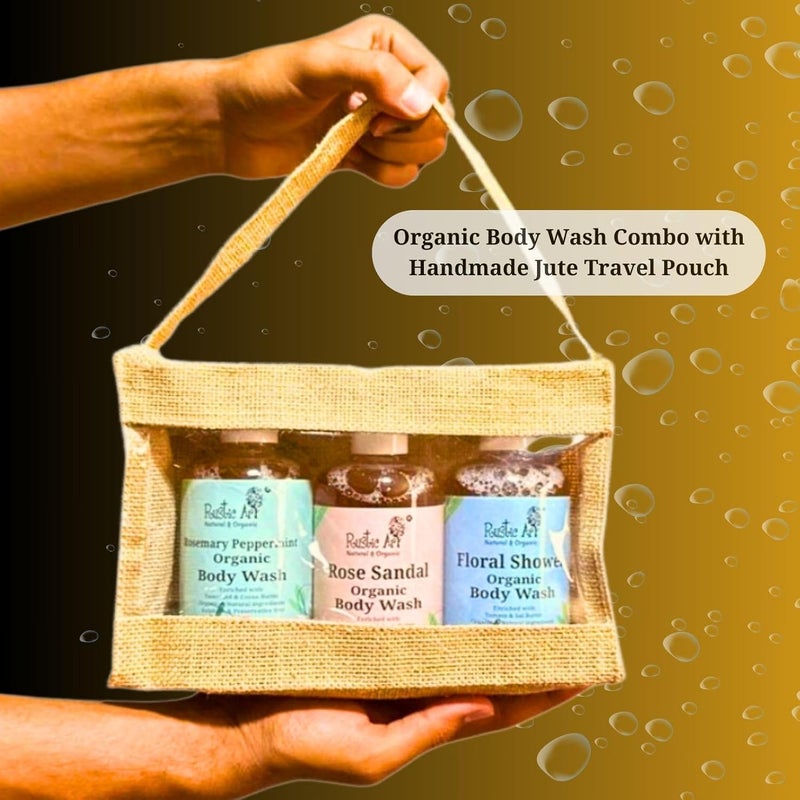 Rustic Art Luxury Body Wash Combo Rose Sandal Floral Shower Rosemary Peppermint Sulphate Paraben Free Castile Soap Moisturizing Exfoliating Nourishing For Women Men 3 x 300ml - Image 3