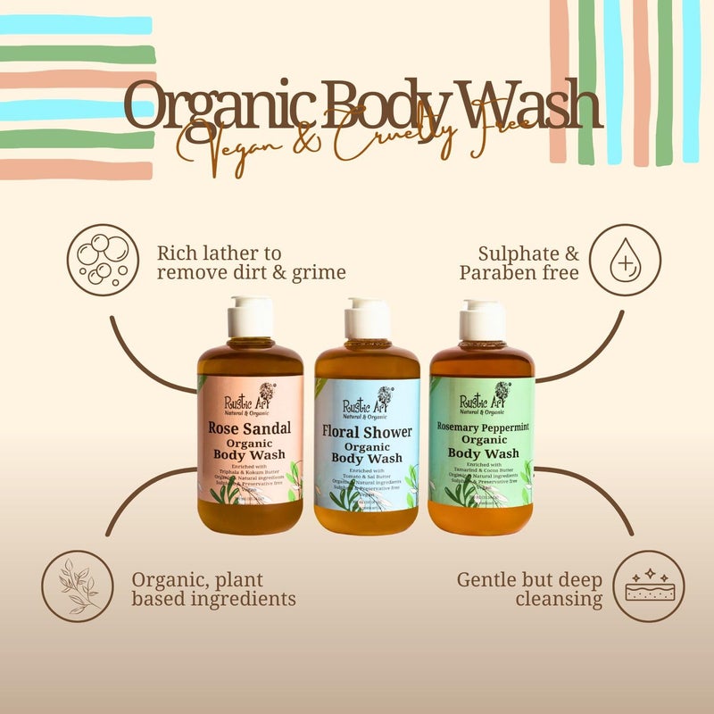 Rustic Art Luxury Body Wash Combo Rose Sandal Floral Shower Rosemary Peppermint Sulphate Paraben Free Castile Soap Moisturizing Exfoliating Nourishing For Women Men 3 x 300ml - Image 2