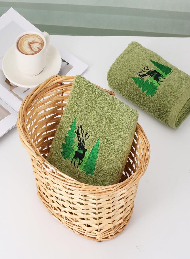 CODOHI 2 PCS Christmas Hand Towels Green Woodland Forest Moose Deer Embroidered Rustic Decorative Towels for Bathroom Kitchen Home Hotel, 100% Cotton, 13.4 x 29.1'' (Green-Woodland) - Image 4