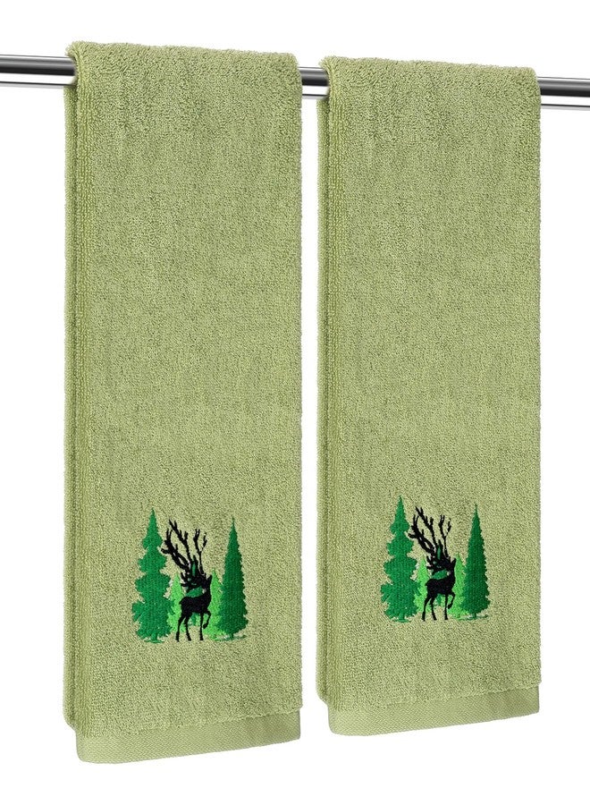 CODOHI 2 PCS Christmas Hand Towels Green Woodland Forest Moose Deer Embroidered Rustic Decorative Towels for Bathroom Kitchen Home Hotel, 100% Cotton, 13.4 x 29.1'' (Green-Woodland) - Image 1